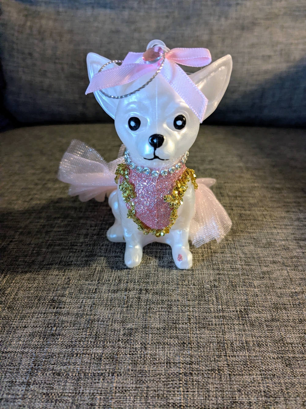 Decorative White Chihuahua Dog Figurine Ornament with Pink Bow